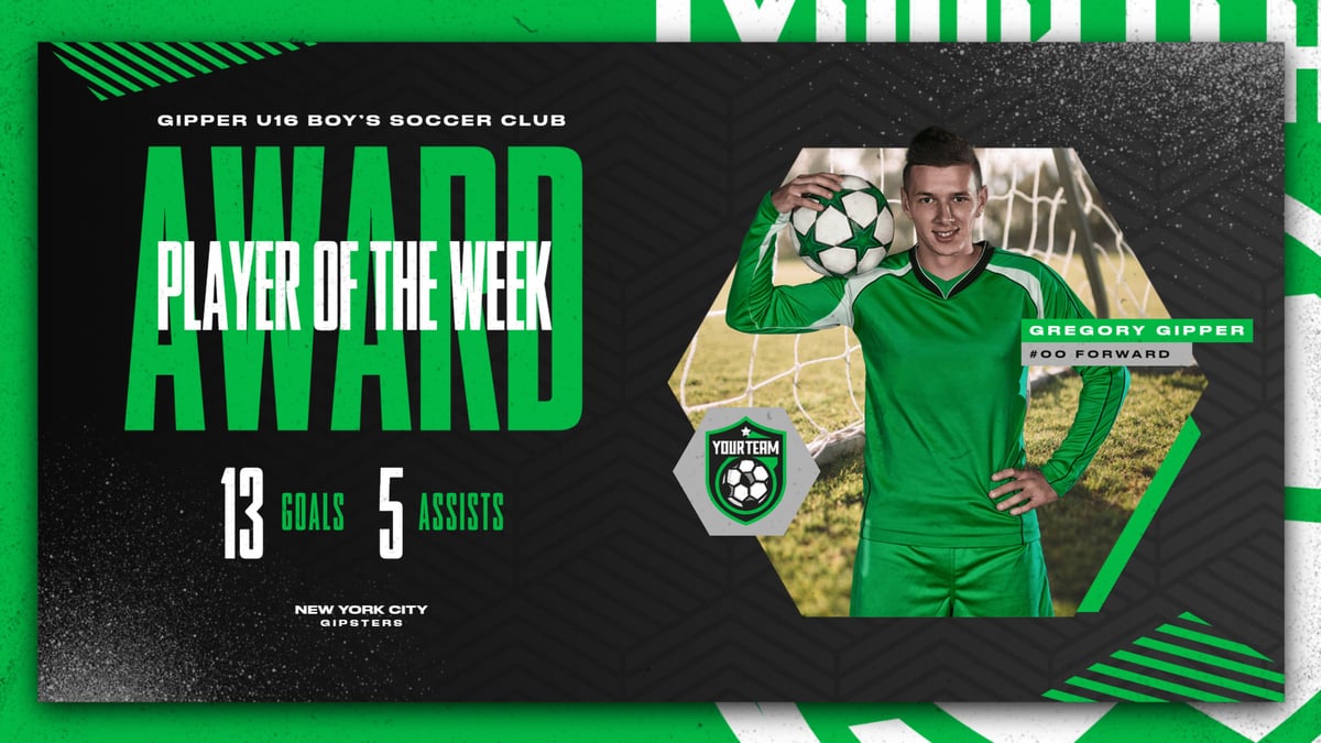 Green & black soccer Award Graphic Template showing player of the week, created with award graphic template.