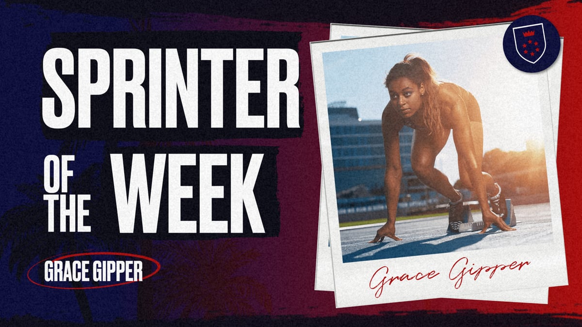 Red & blue track & field Award Graphic Template showing sprinter of the week, created with award graphic template.