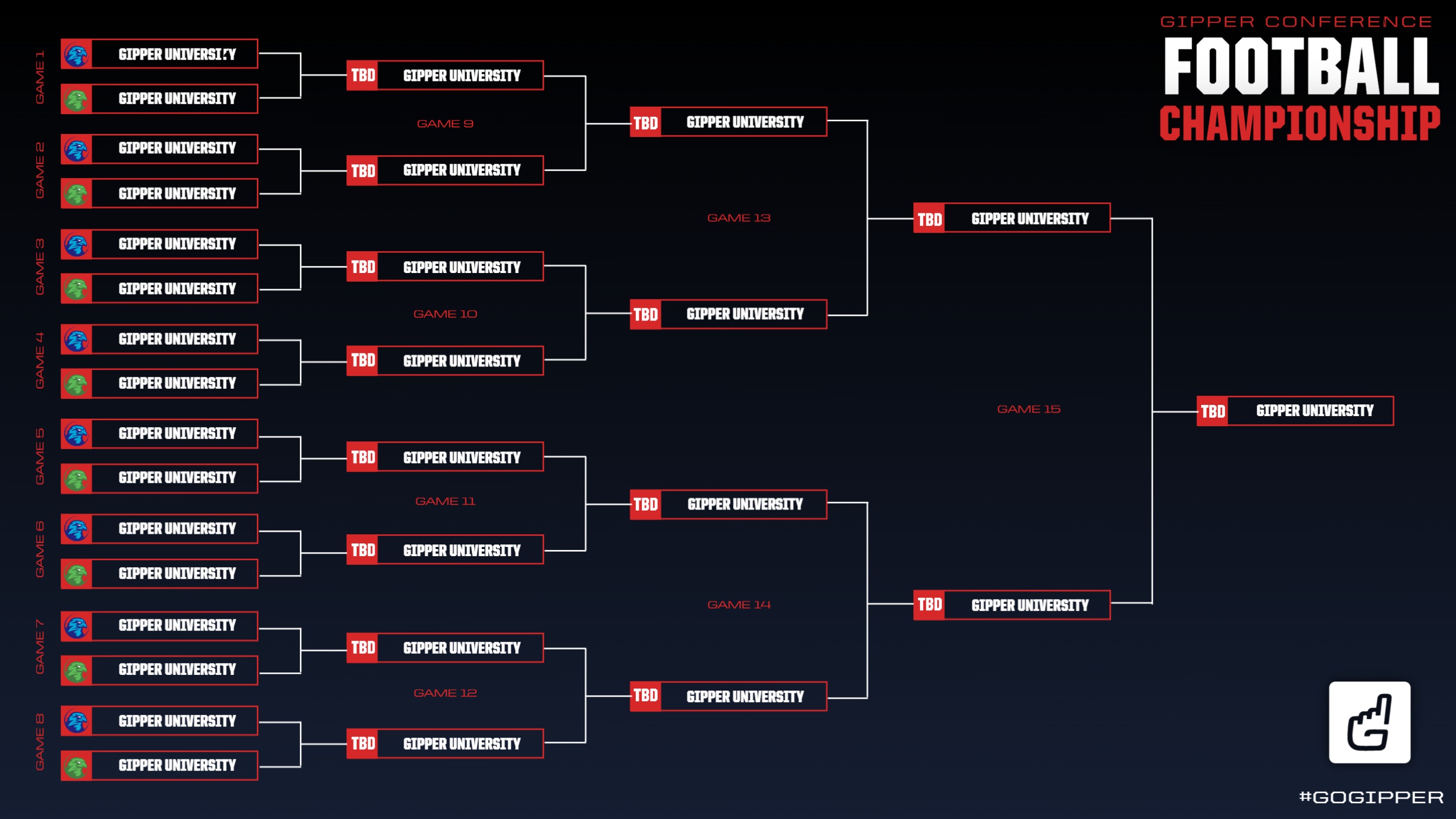 16 Team Bracket Graphic Template for football championship showcasing teams in tournament on a black background