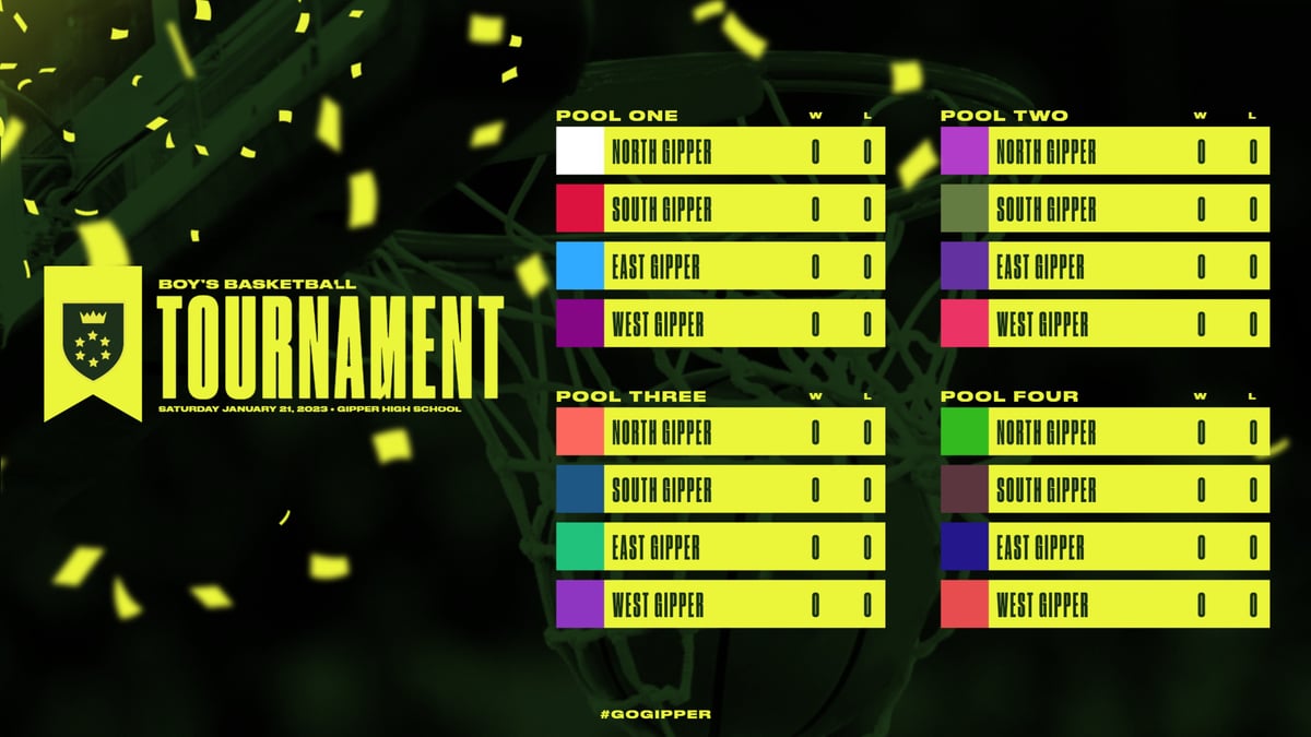 Pool Play Tournament Bracket Graphic Template for basketball championship tournament showcasing matchups on a green background