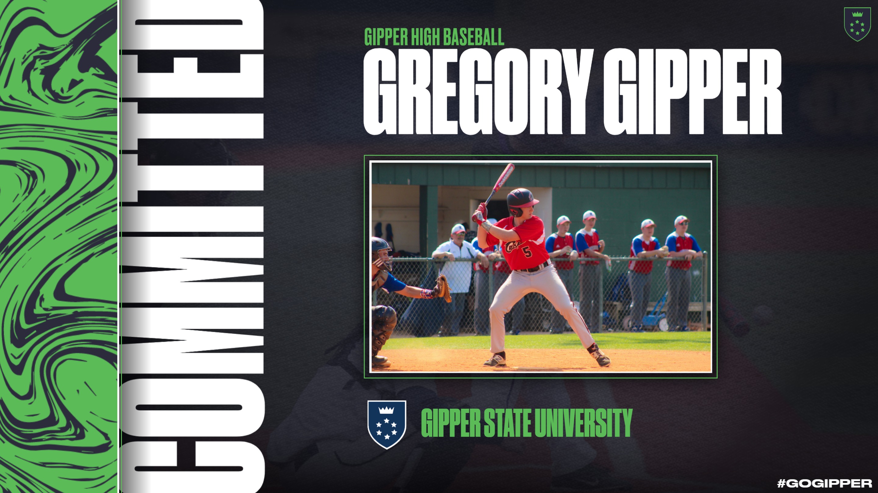 Baseball Commitment Graphic Template showing a baseball player in action along with text stating that they are committed to a university/ college.
