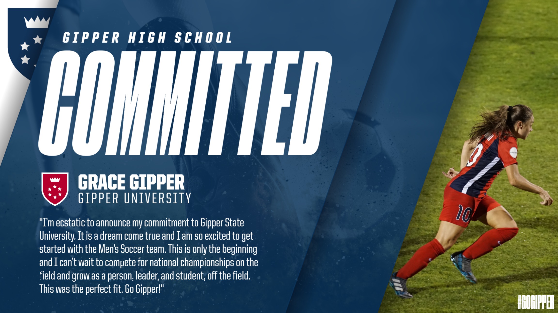 Soccer Commitment Graphic Template showing a female soccer player in action along with text stating that they are committed to a university/ college.