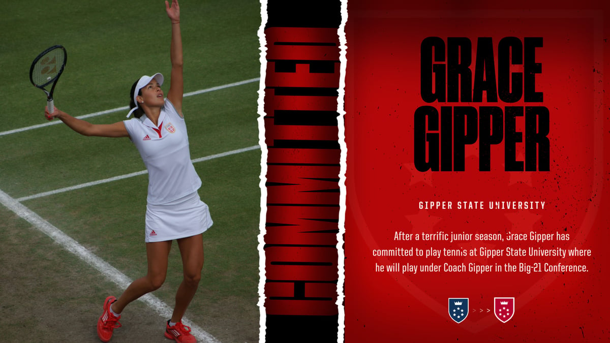 Tennis Commitment Graphic Template showing a tennis female player in action along with text stating that they are committed to a university/ college.