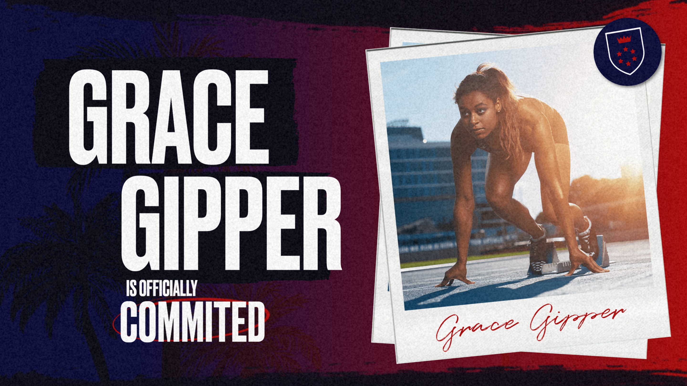 Track & field Commitment Graphic Template showing a track athlete in starting blocks with text stating they are committed to a university/ college.