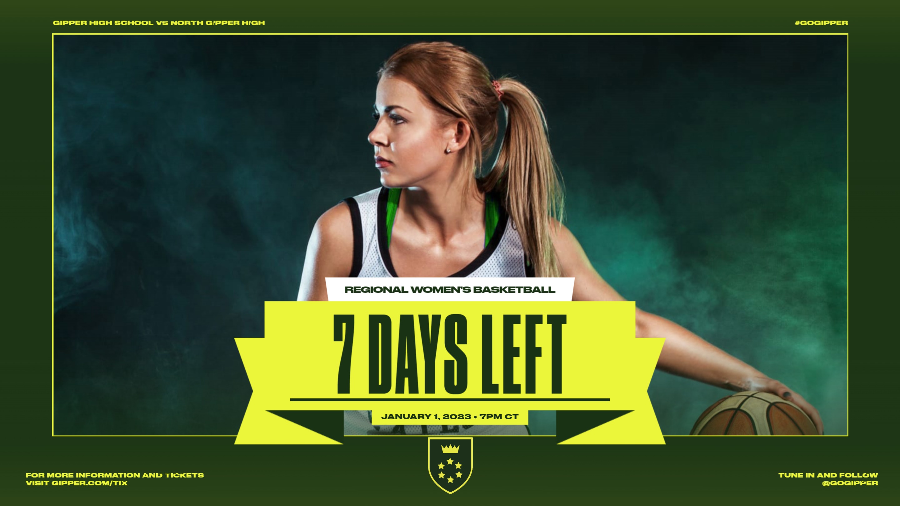 Basketball Gameday Countdown Graphic Template showing a basketball player in action with text reading 7 days to start of season.