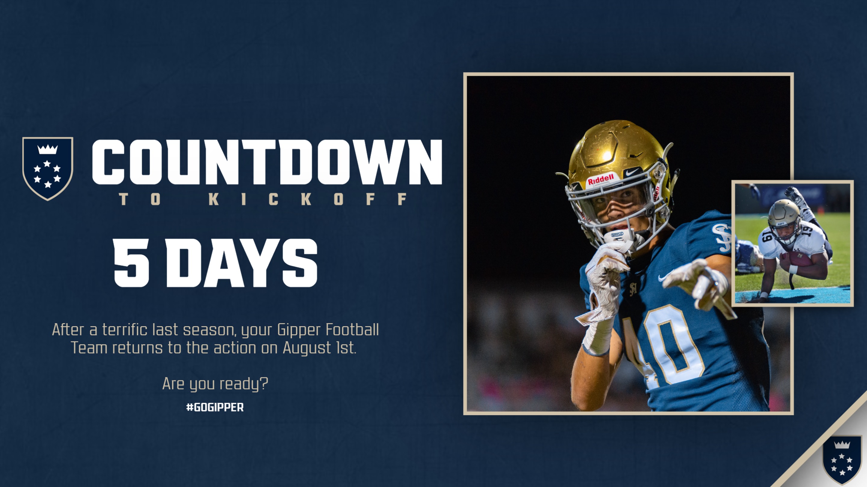 Football Gameday Countdown Graphic Template showing a football player in action with text reading 5 days to start of season.