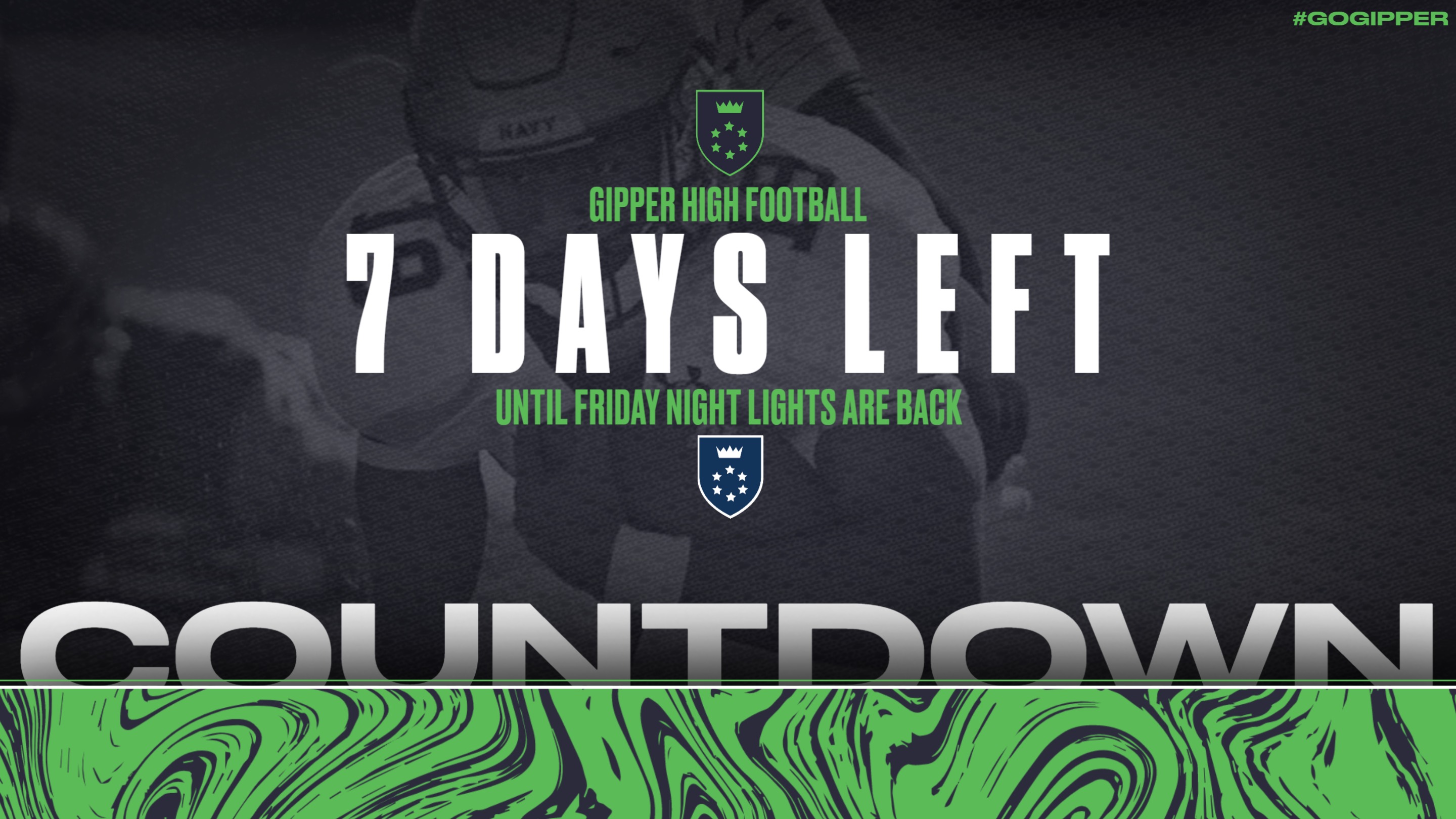 Football Gameday Countdown Graphic Template showing a football player in action with text reading 7 days to start of season.