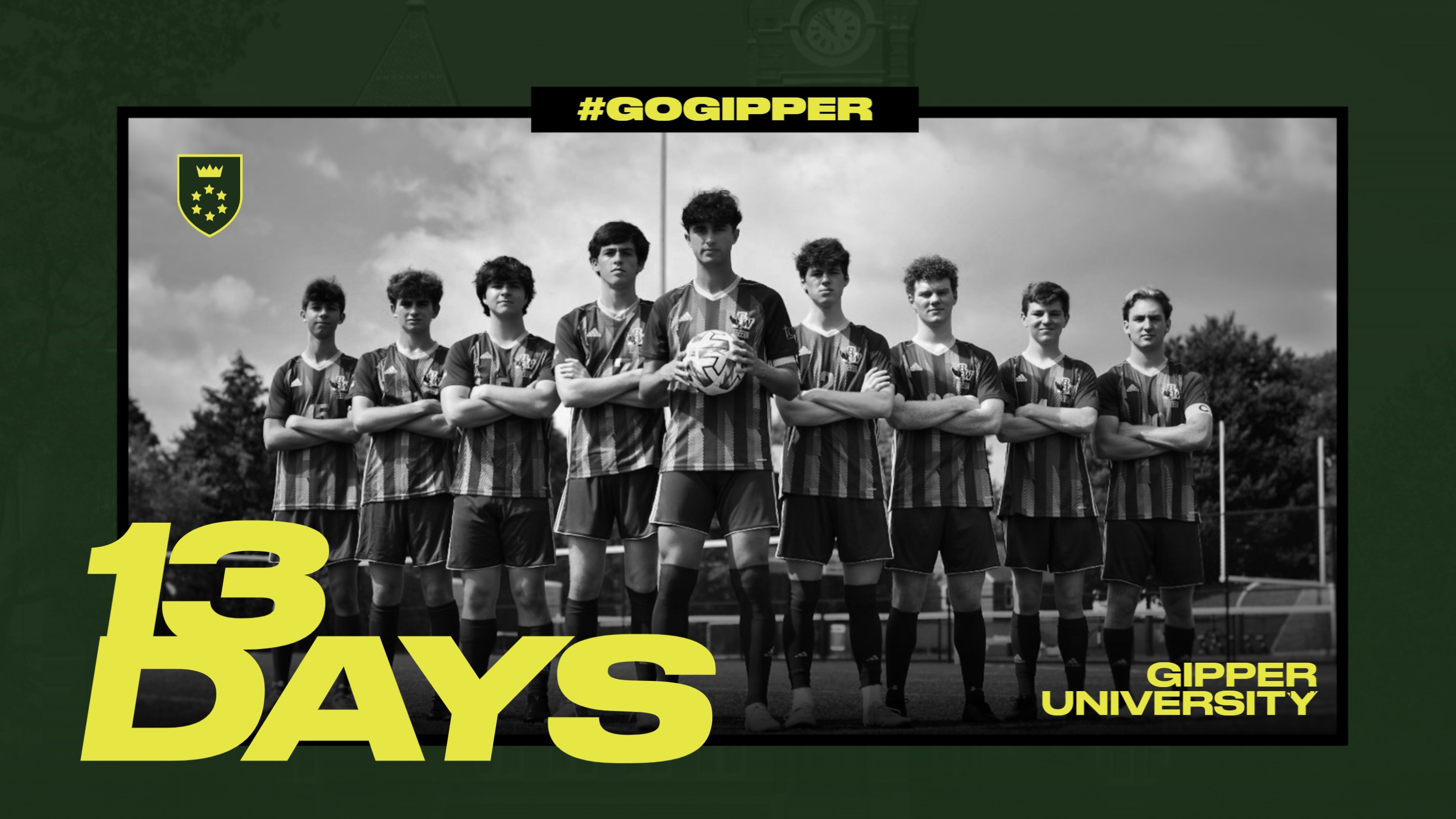 Soccer Gameday Countdown Graphic Template showing a soccer team in action with text reading 13 days to start of season.