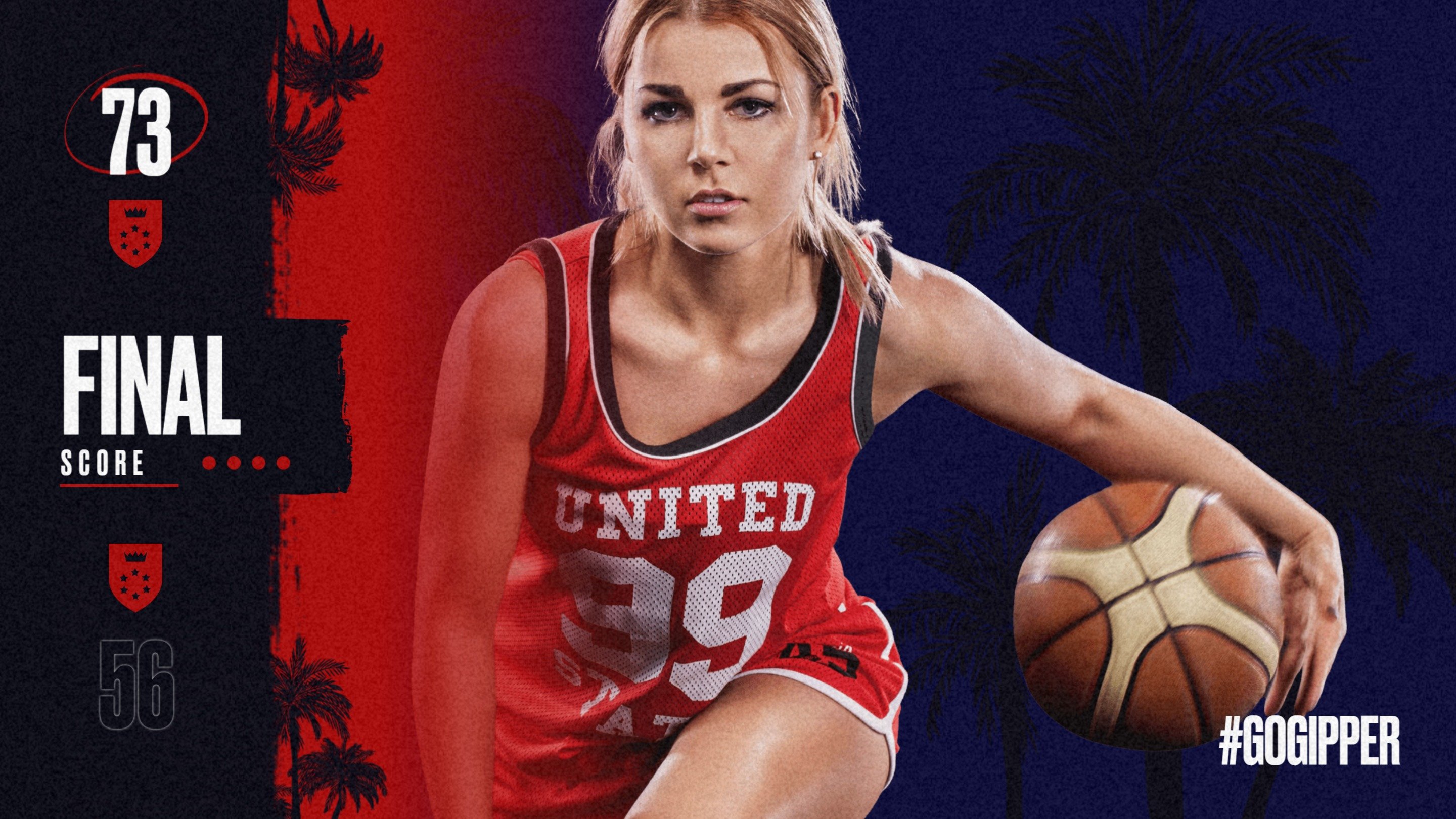 basketball final Score Graphic Template showing a female basketball player in action with score updates shown.