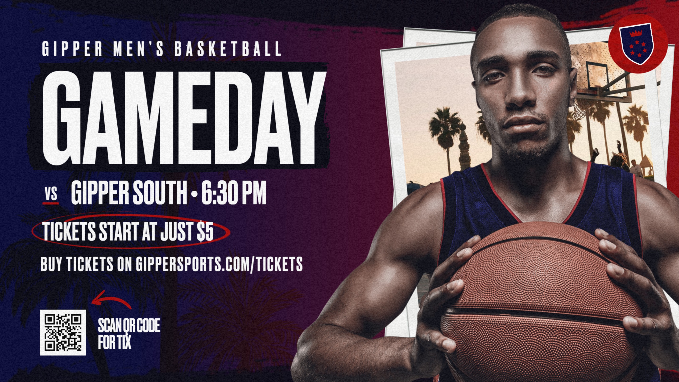 Basketball Gameday Graphic Template showing a basketball player in action with bold gameday text & QR code - calling reader to attend & support.
