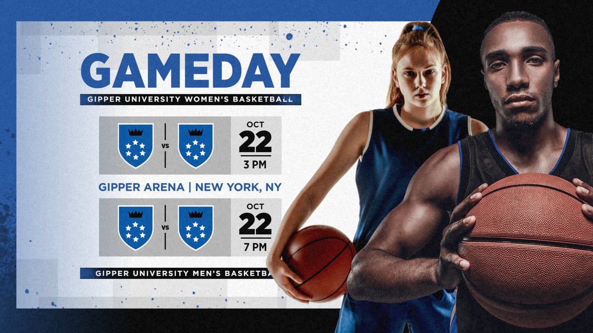 basketball Gameday Graphic Template showing a male & female basketball player in action with bold gameday text & information