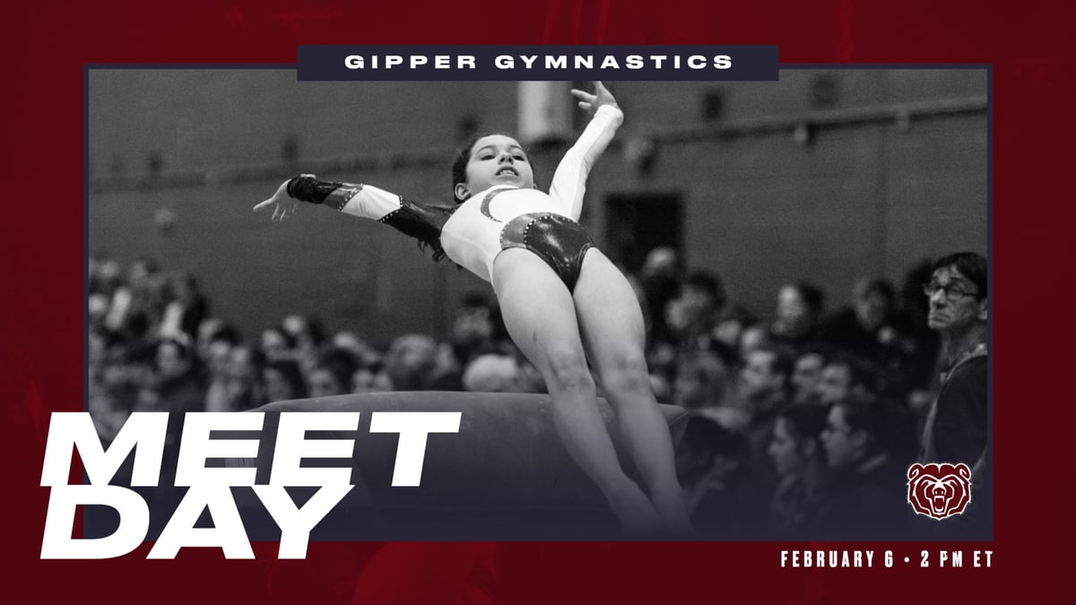 gymnastics meet day Graphic Template showing a gymnast in action with bold gameday text & information - calling reader to attend & support.