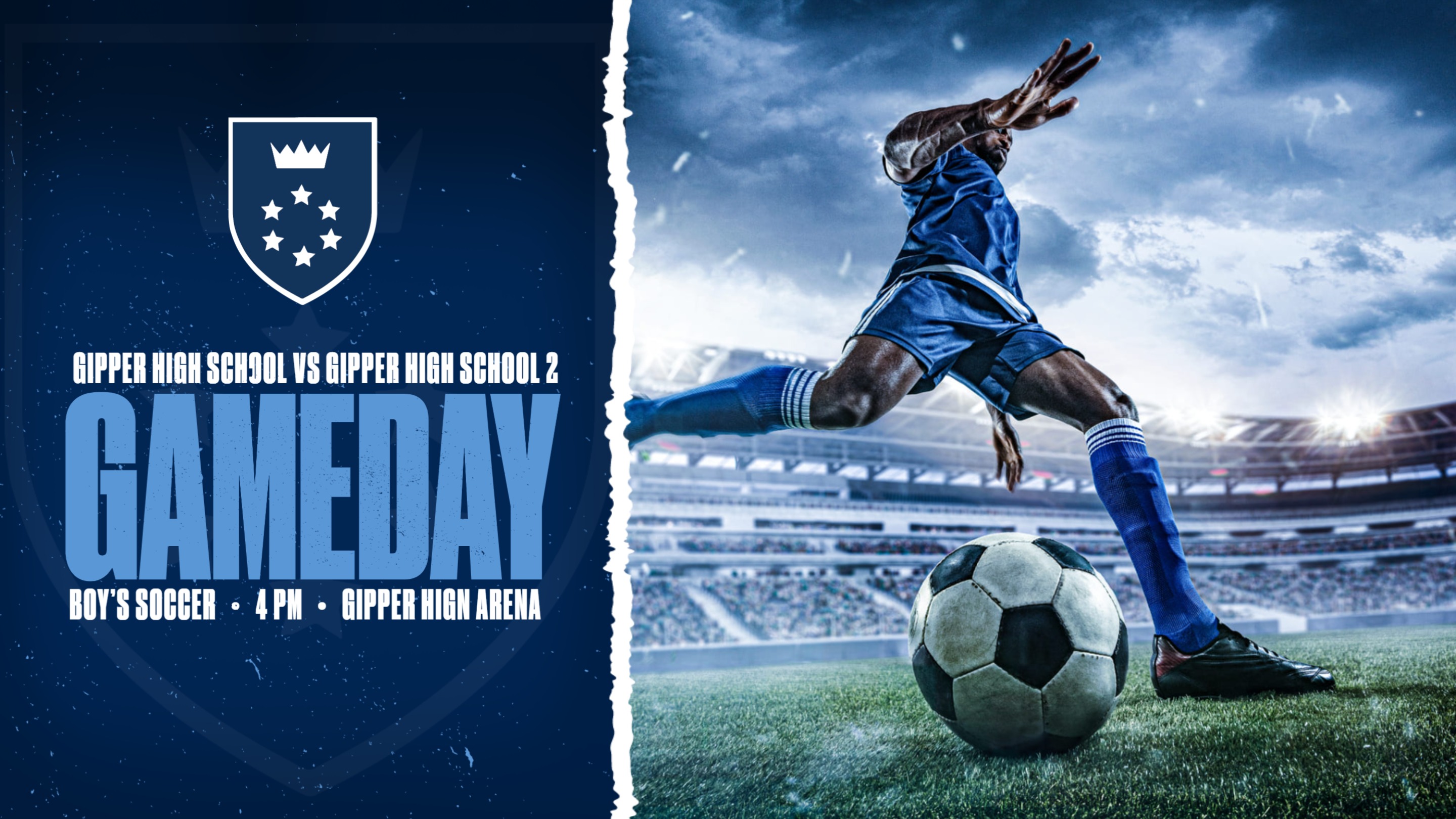 Soccer Gameday Graphic Template showing a soccer player in action with bold gameday text & information - calling reader to attend & support.