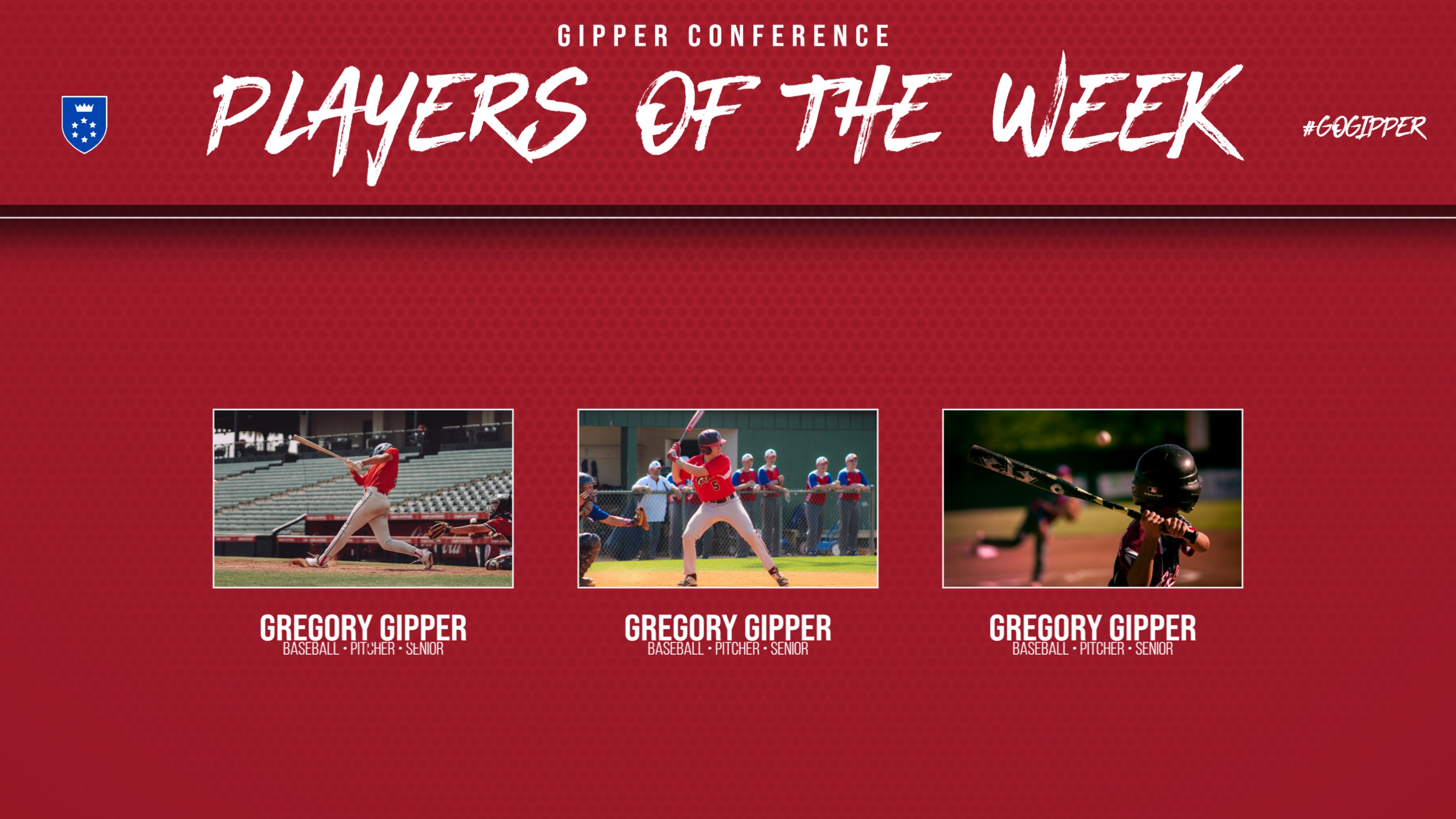 Baseball Player of the Week Graphic Template showing 3 baseball players in action, listing names, positions & stats