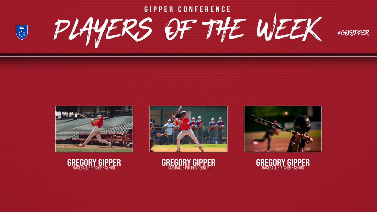 Baseball Player of the Week Graphic Template showing 3 baseball players in action, listing names, positions & stats