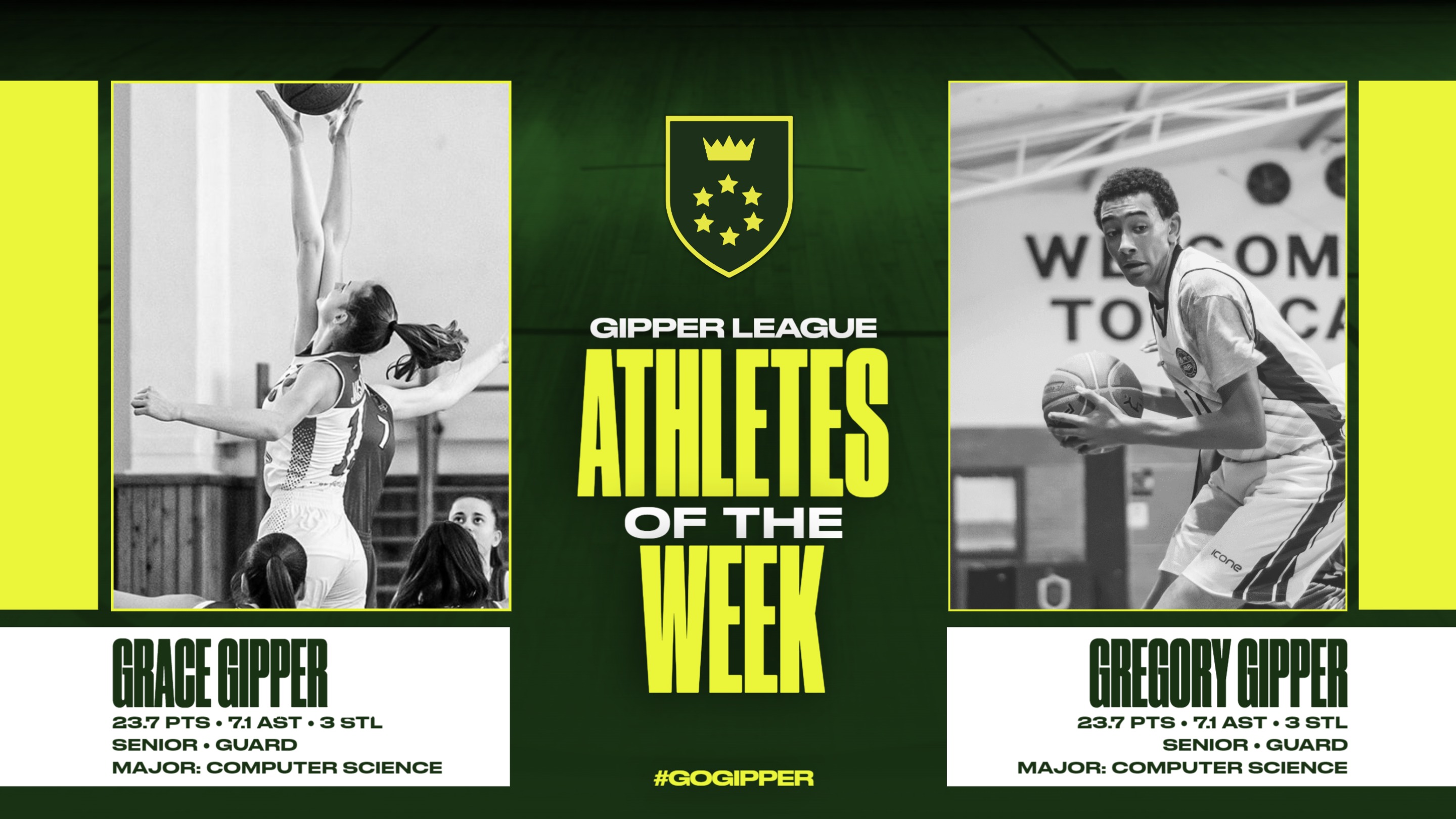 Basketball Player of the Week Graphic Template showing 2 basketball players in action, listing names, positions & stats