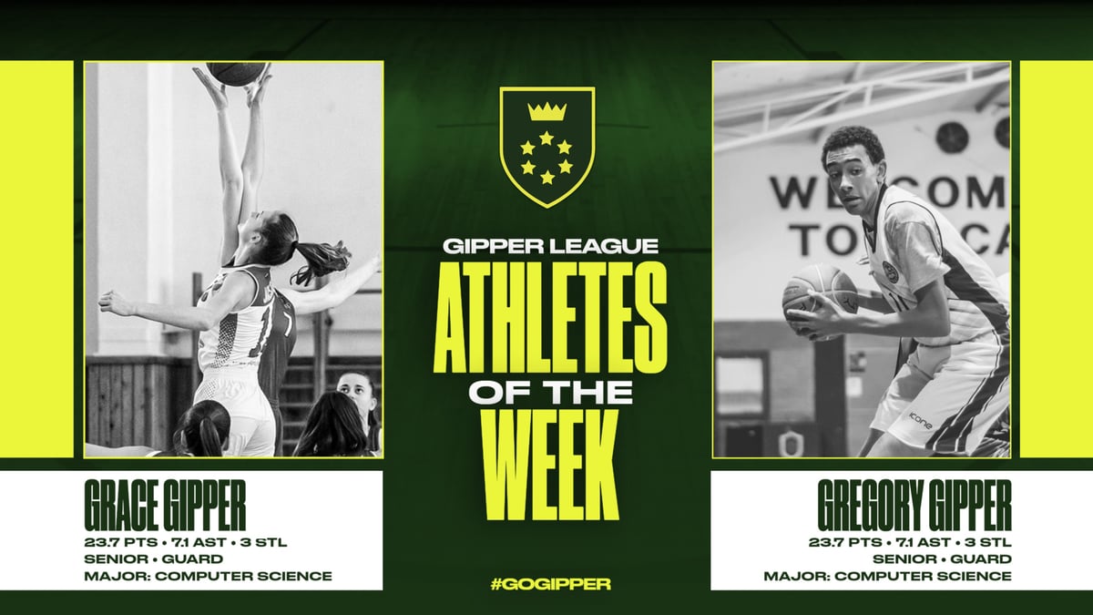 Basketball Player of the Week Graphic Template showing 2 basketball players in action, listing names, positions & stats