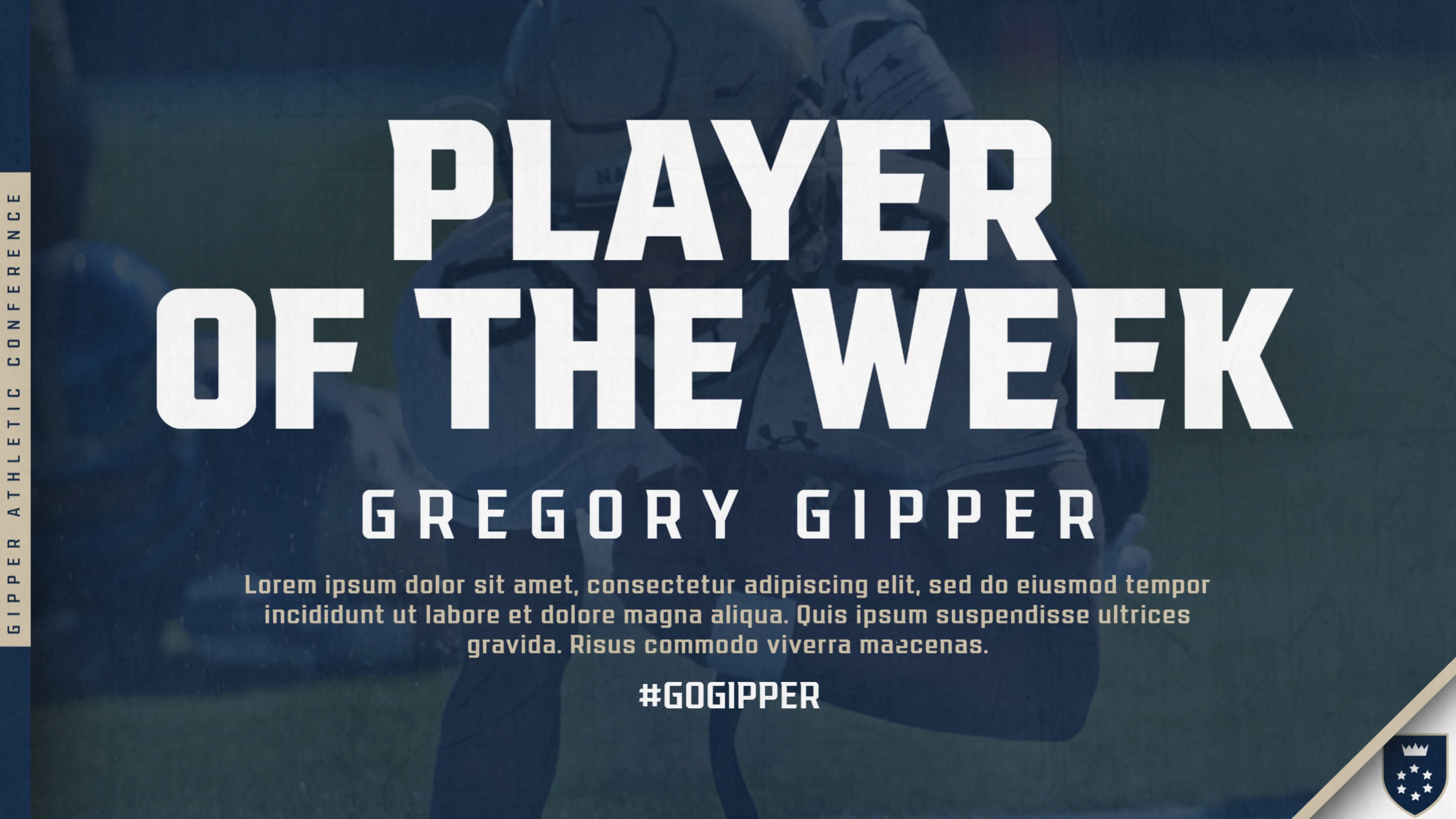 Football Player of the Week Graphic Template showing a football players in action, listing names & reason for selection.