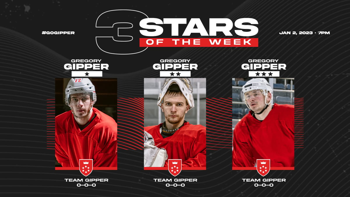 Hockey Player of the Week Graphic Template showing 3 hockey players in action, listing names, positions & stats