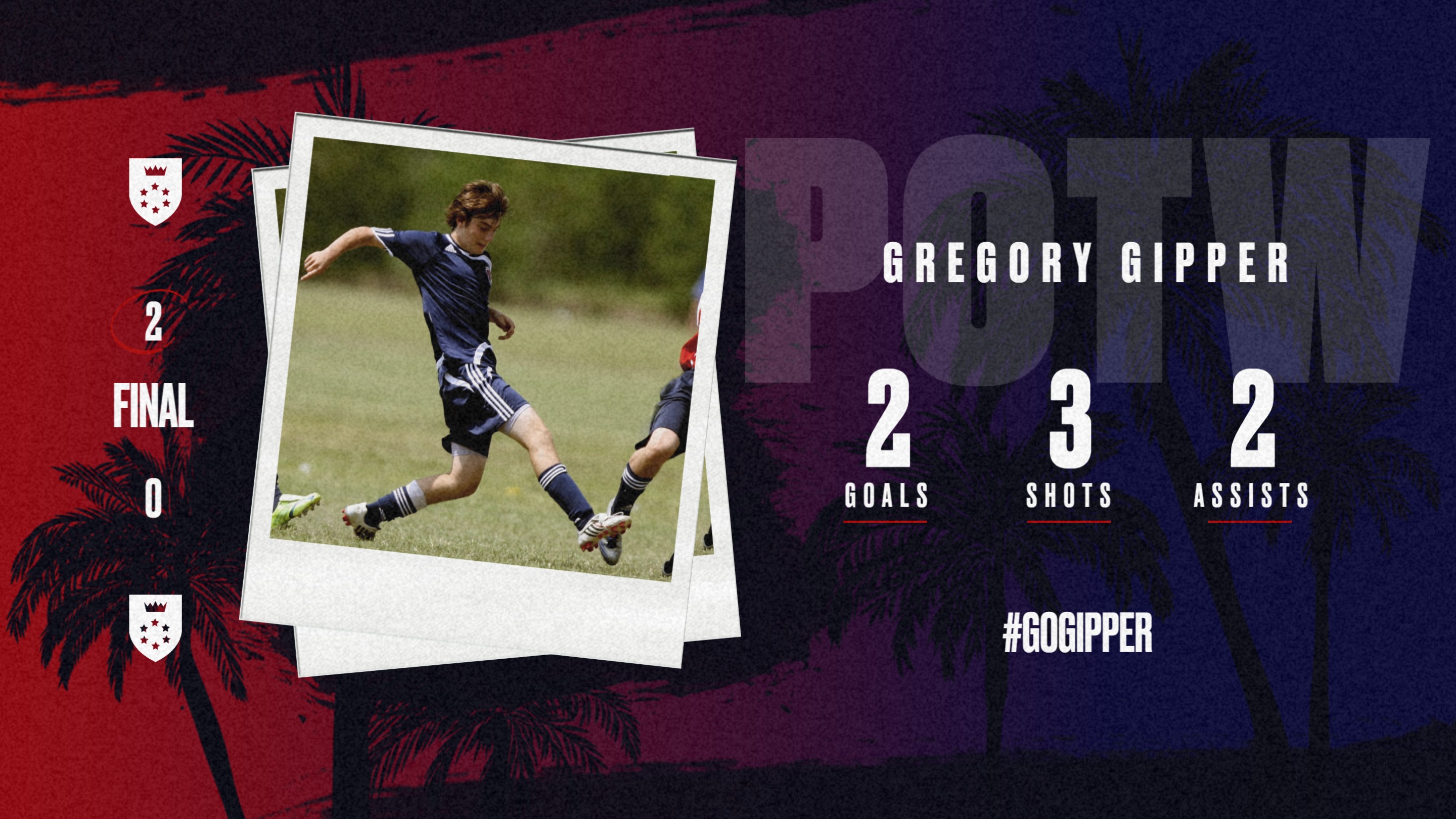 Soccer Player of the Week Graphic Template showing 1 soccer player in action, listing names, positions & stats