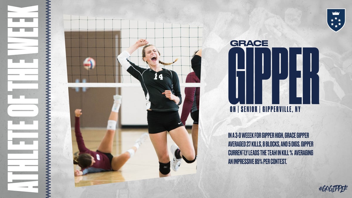 Volleyball Player of the Week Graphic Template showing a volleyball player in action, listing names, positions & stats