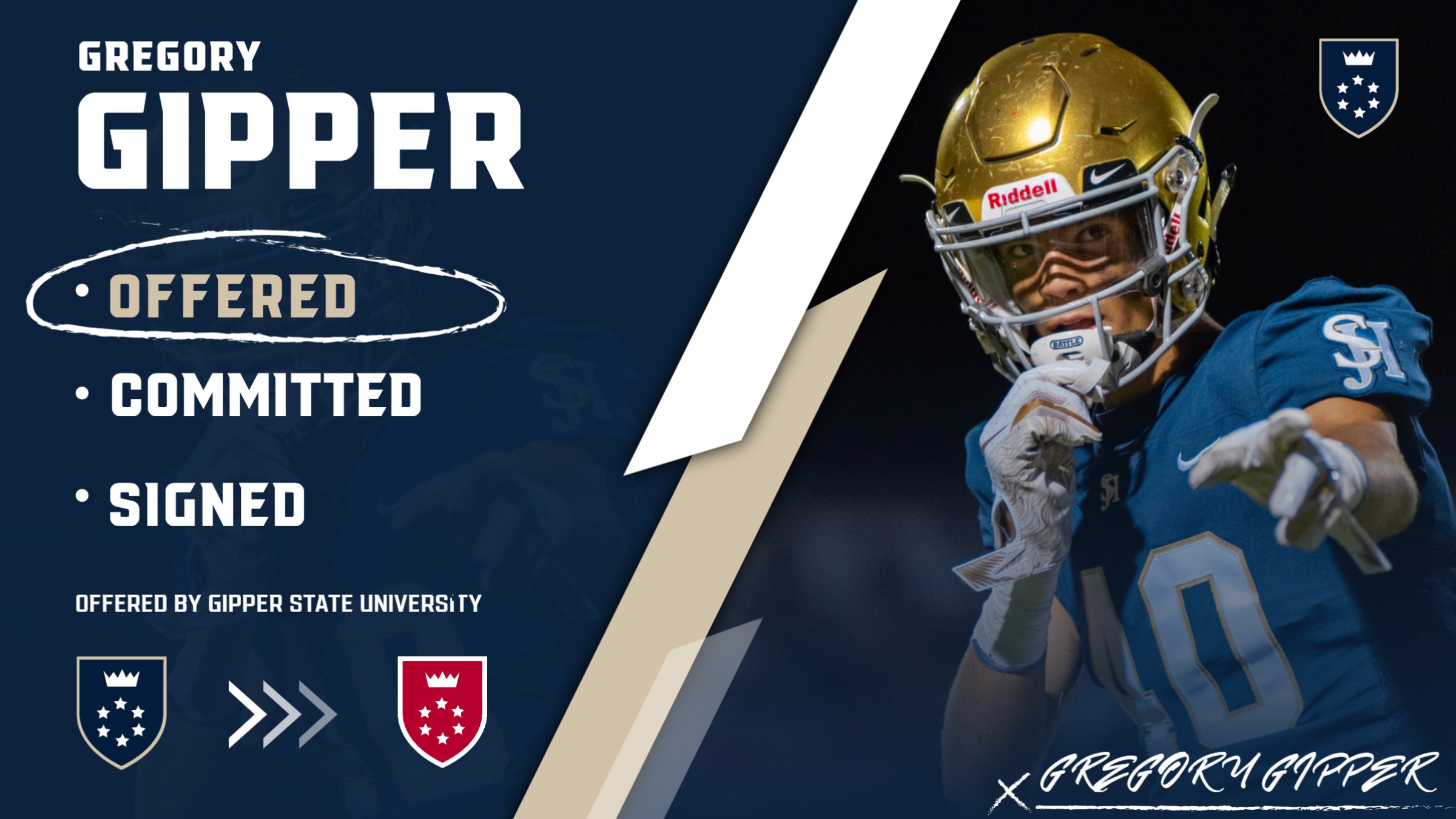 Football Commitment Recruiting Graphic Template showing a football player in action and text stating that athlete is offered scholarship to college.