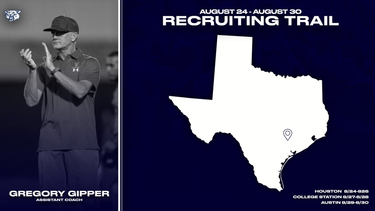 Coaches Recruiting Trail Graphic Template showing a coach in action and text stating where the coach will be visiting recruits in Texas