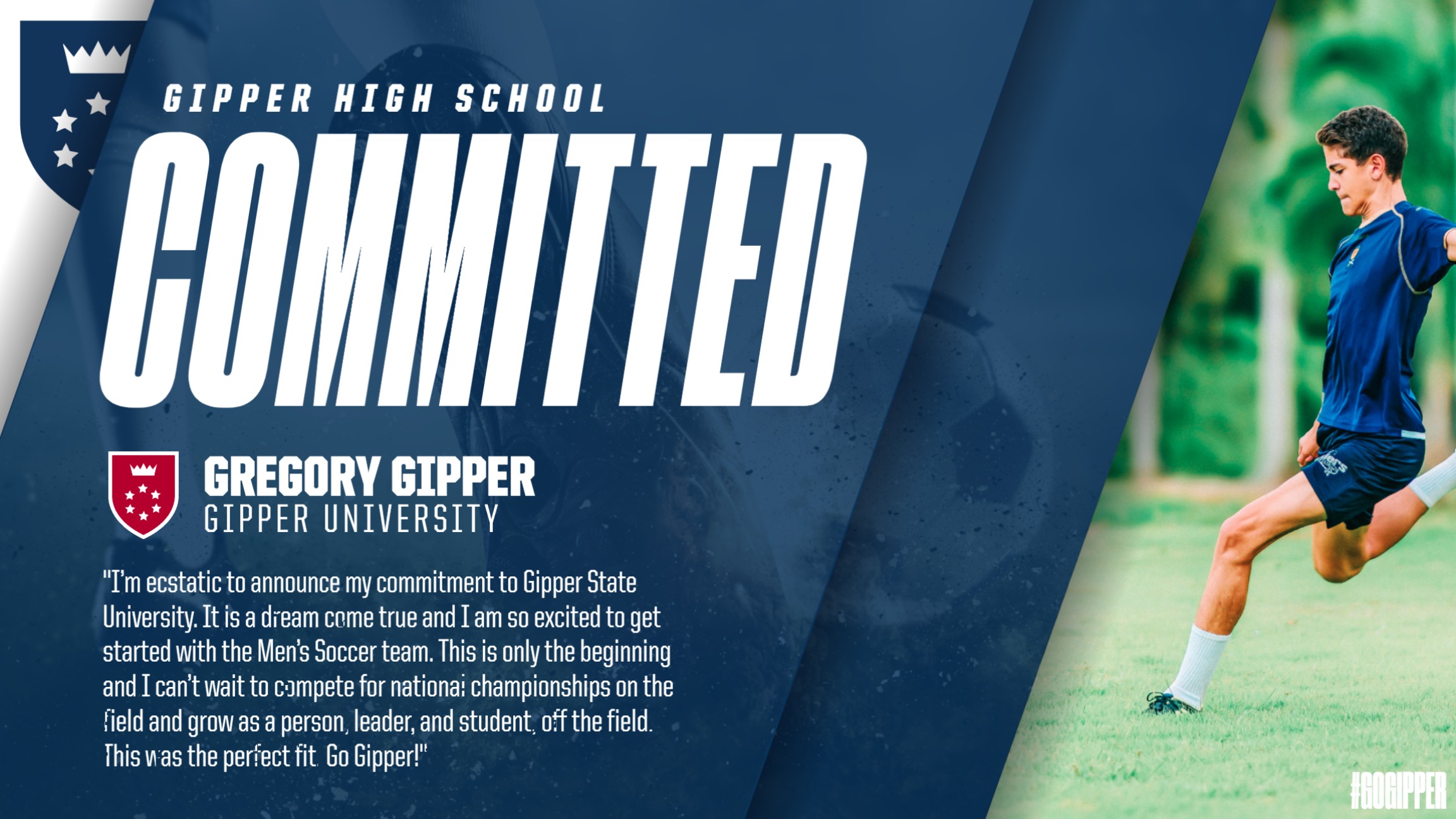 Soccer Commitment Recruiting Graphic Template showing a Soccer player in action and text stating that athlete is committed to college.