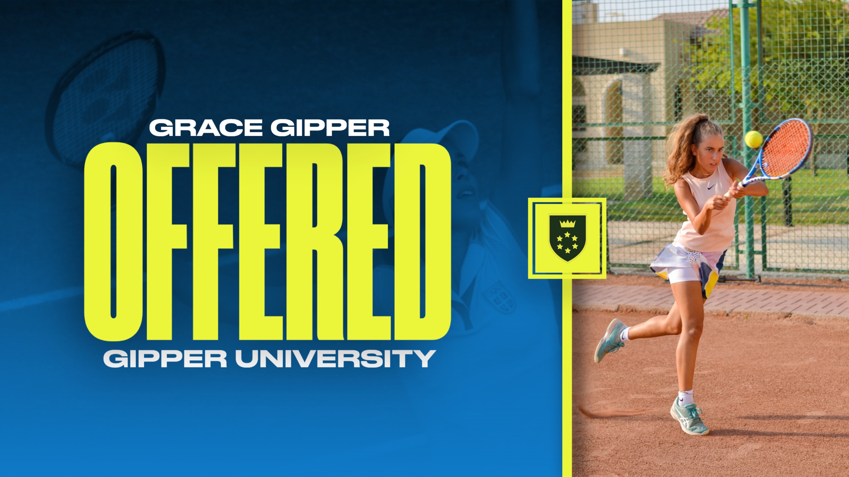 Tennis offer Recruiting Graphic Template showing a tennis player in action and text stating that athlete is offered scholarship to play in college.