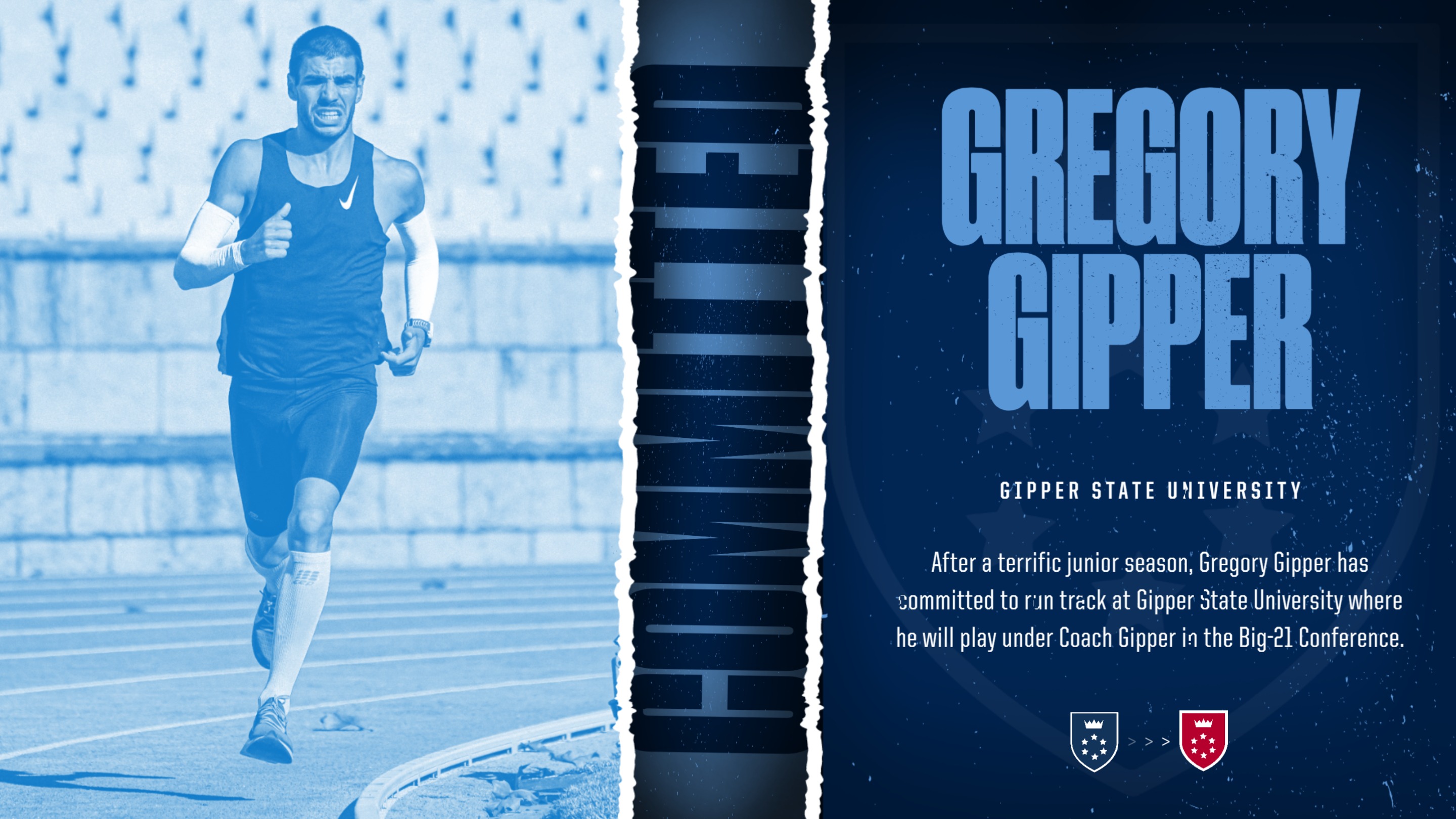 Track & Field Commitment Recruiting Graphic Template showing a sprinter in action and text stating that athlete is committed to college.
