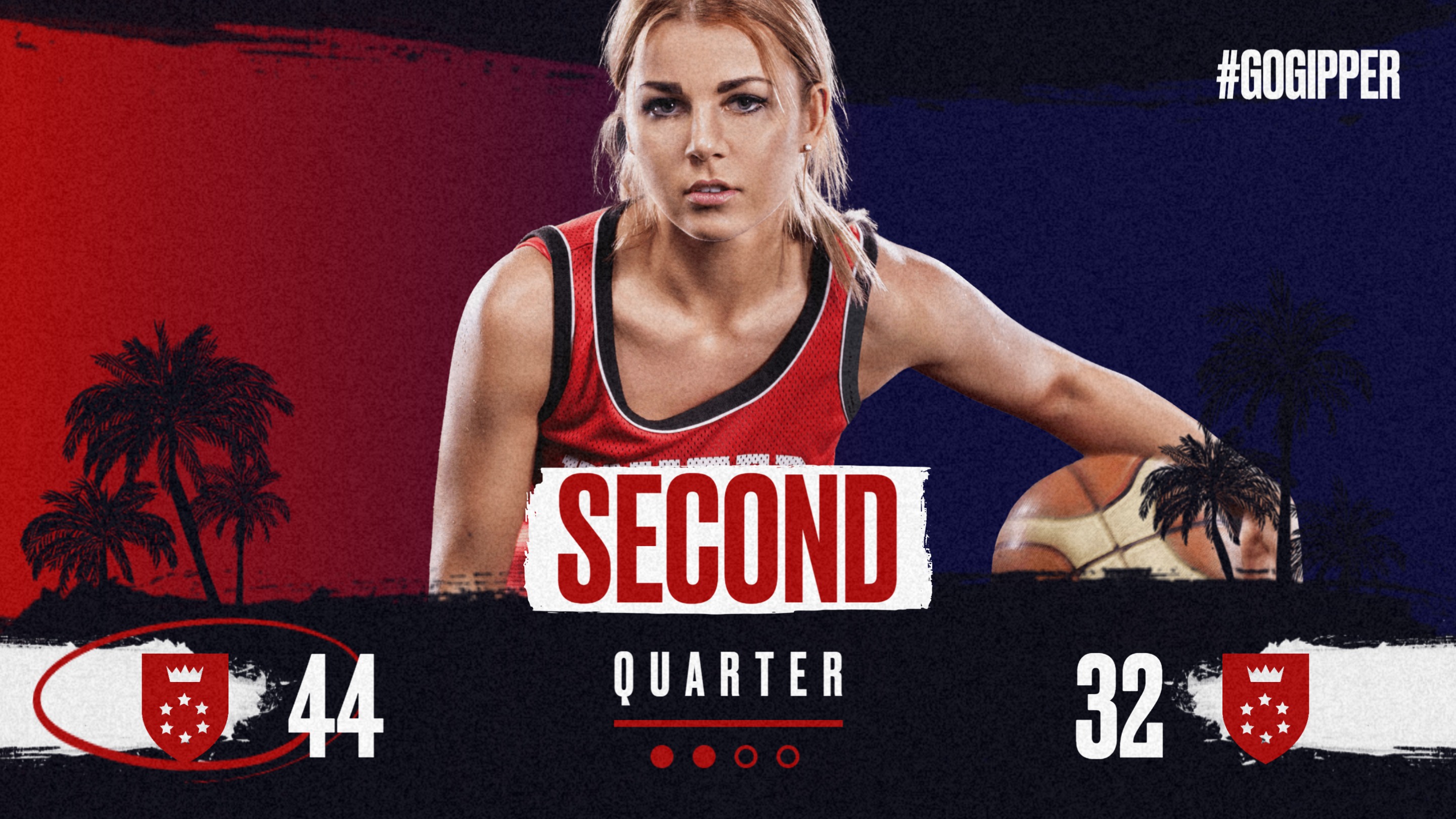 Basketball Scoreboard Graphic Template showing halftime scores and stats, with basketball player in action.