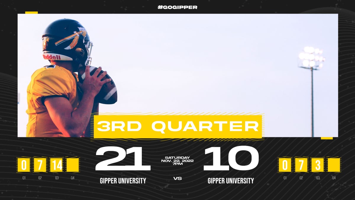 Football Scoreboard Graphic Template showing 3rd quarter scores and stats, with football player in action.