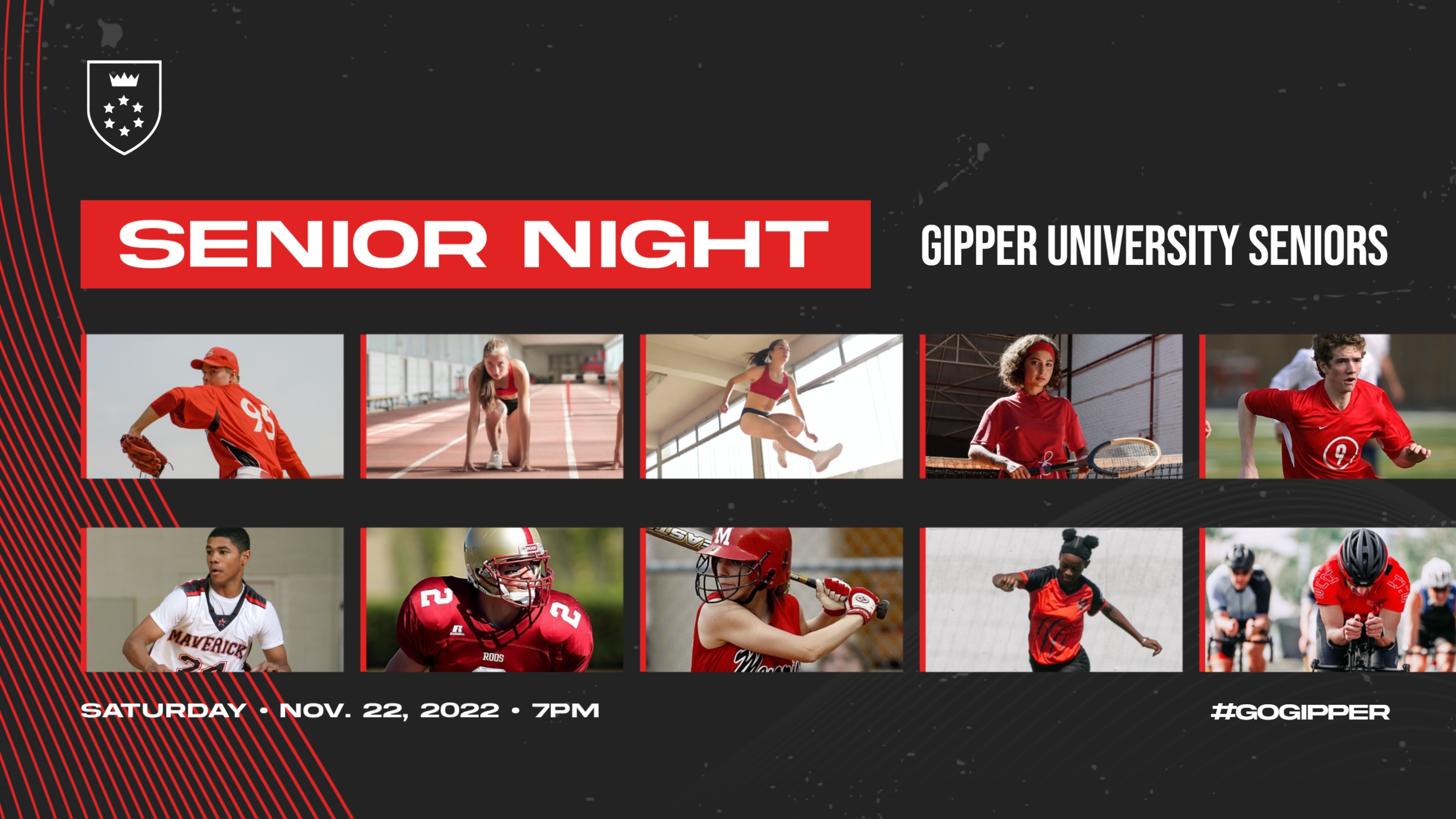 Red & Black Senior Night Graphic Template showing a variety of sports in action, created with senior spotlight template.