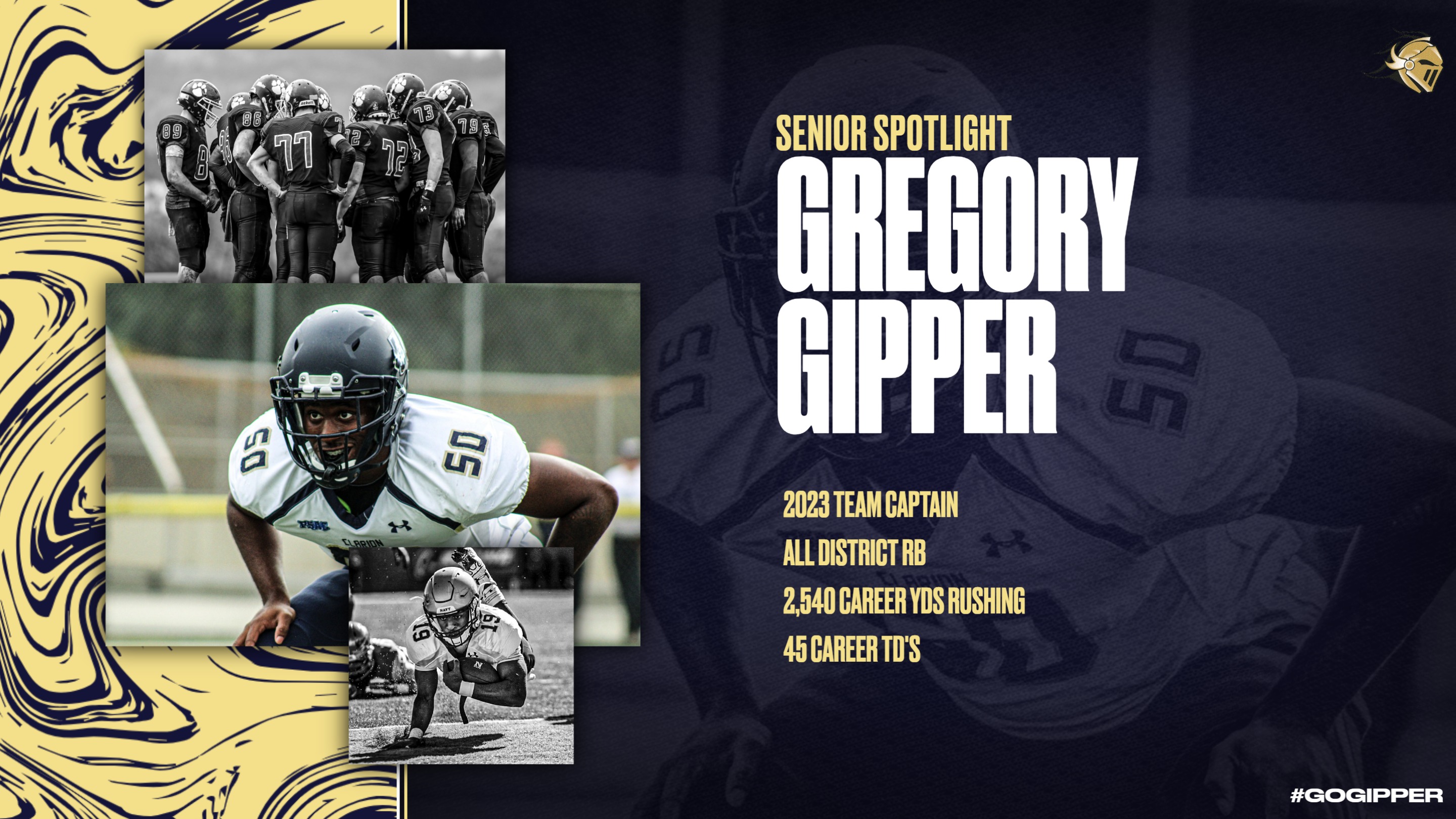 Navy & Gold Football Senior Spotlight Graphic Template showing a football player in action with career stats, created with senior spotlight template.