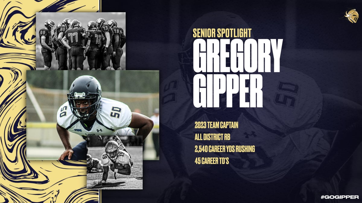 Navy & Gold Football Senior Spotlight Graphic Template showing a football player in action with career stats, created with senior spotlight template.