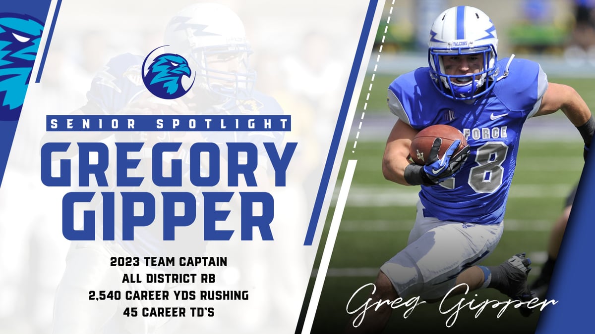 Blue & white Football Senior Spotlight Graphic Template showing a football player in action with career stats, created with senior spotlight template.