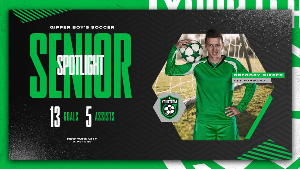 Soccer Senior Spotlight Graphic Template showing a soccer player in action with career stats, created with senior spotlight template.