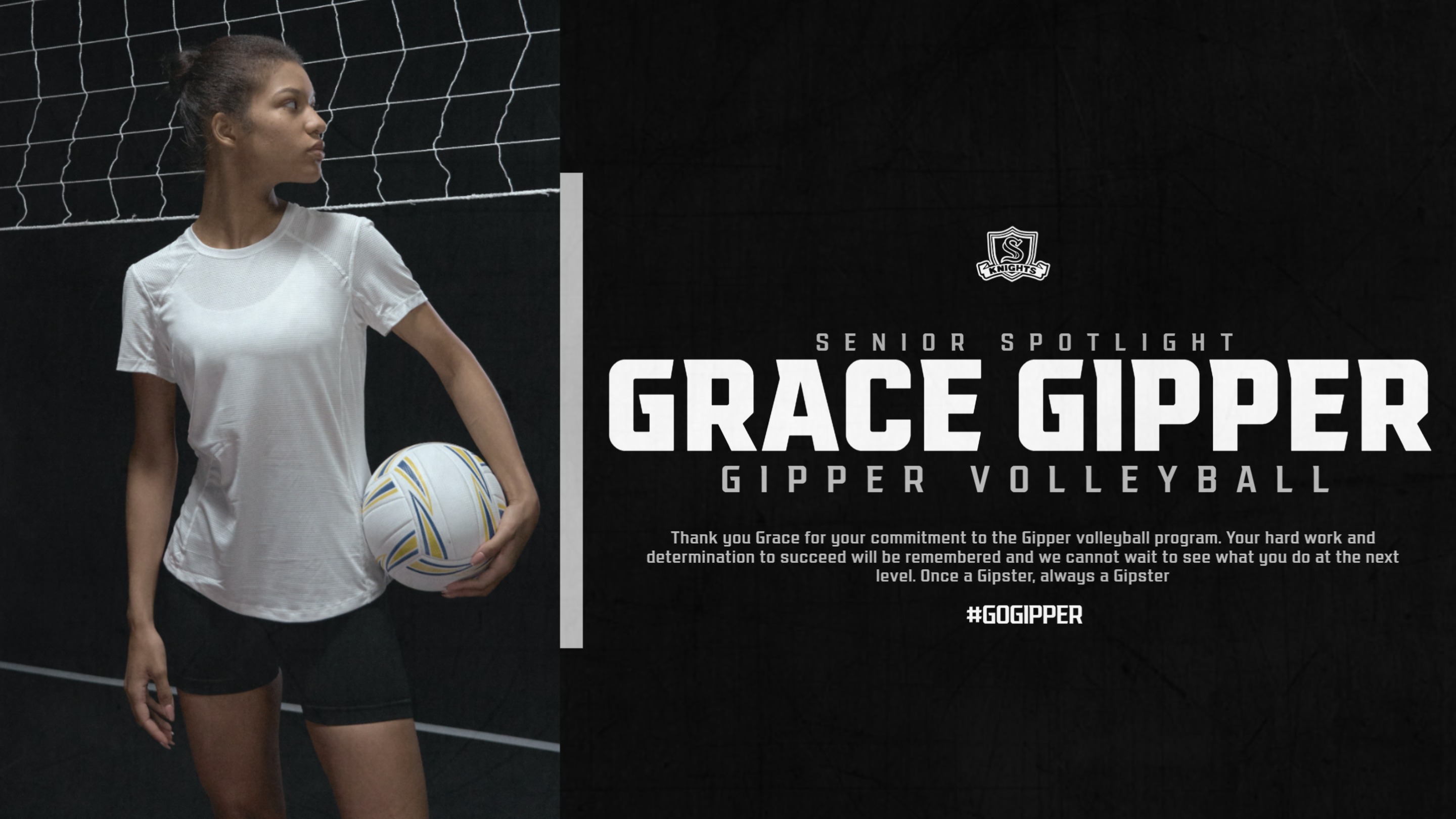 Volleyball Senior Spotlight Graphic Template showing a volleyball player in action with career stats, created with senior spotlight template.