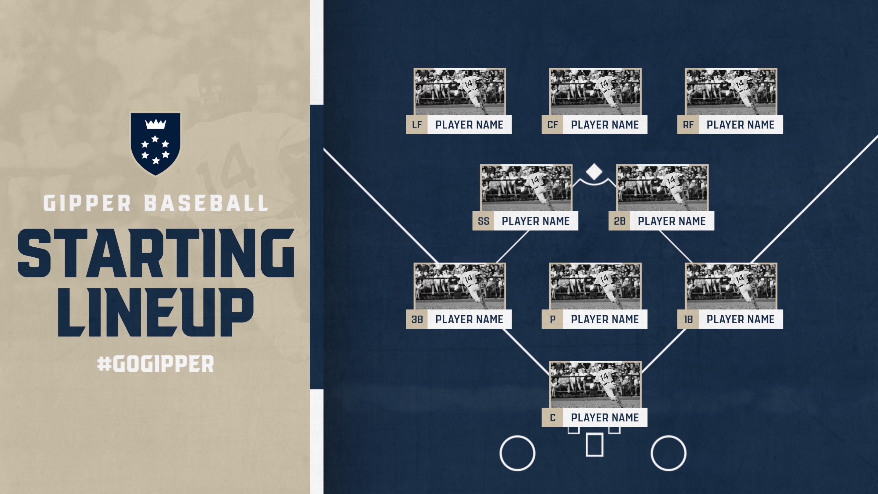 navy & gold baseball lineup graphic showing a baseball diamond with positions listed, with graphic content communicating who is playing
