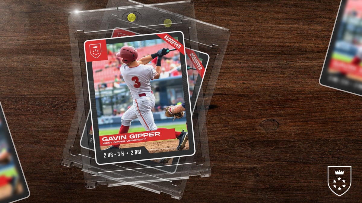 red baseball stat graphic showing a baseball card mock up with baseball player in action, with graphic content communicating stats from the game