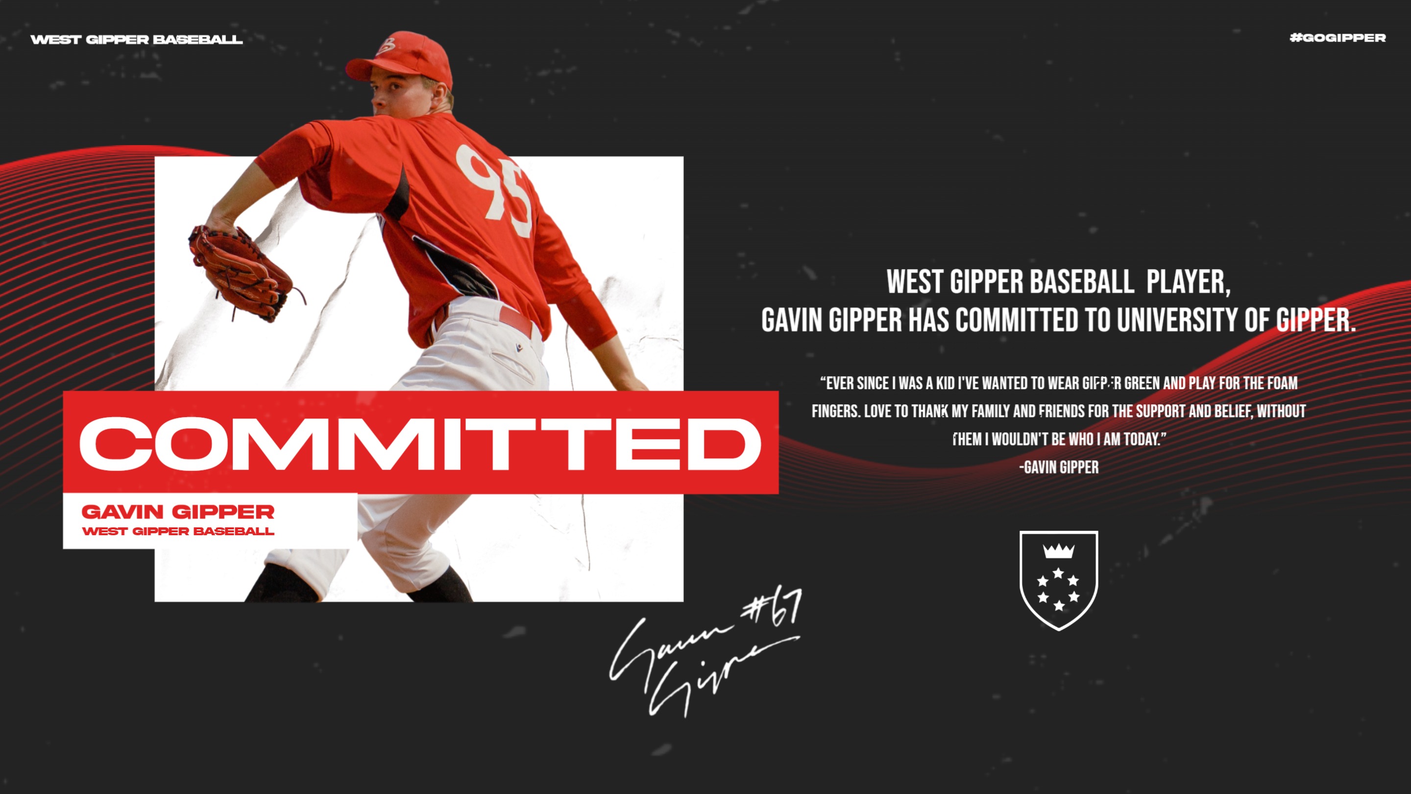 red baseball commitment graphic showing a baseball player in action, with graphic content communicating where he is being recruited to play