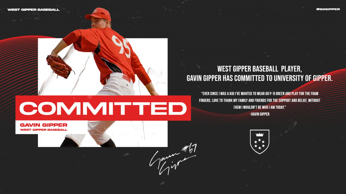 red baseball commitment graphic showing a baseball player in action, with graphic content communicating where he is being recruited to play