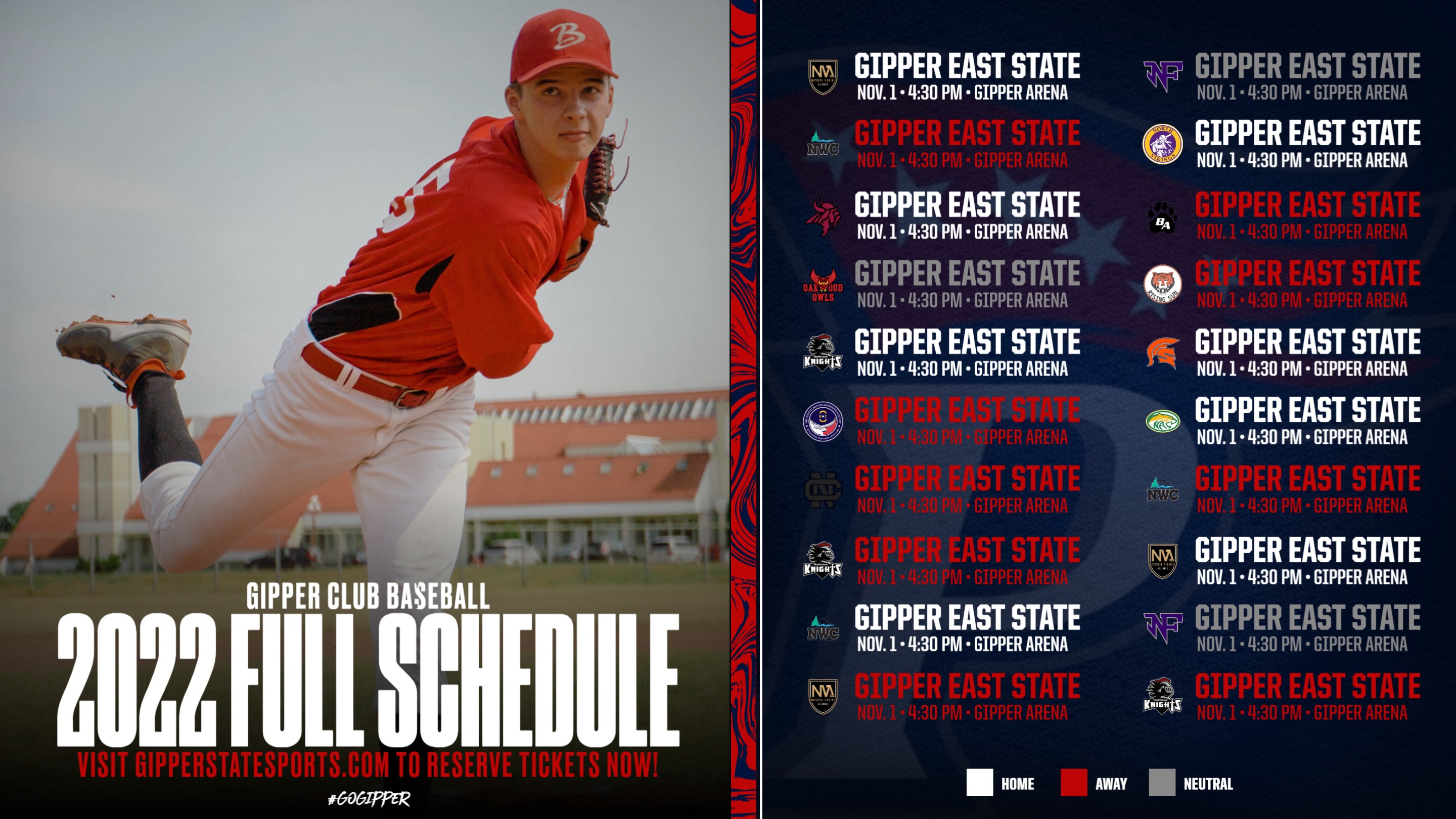 red & blue baseball schedule graphic showing a baseball player in action, with graphic content communicating details about the games