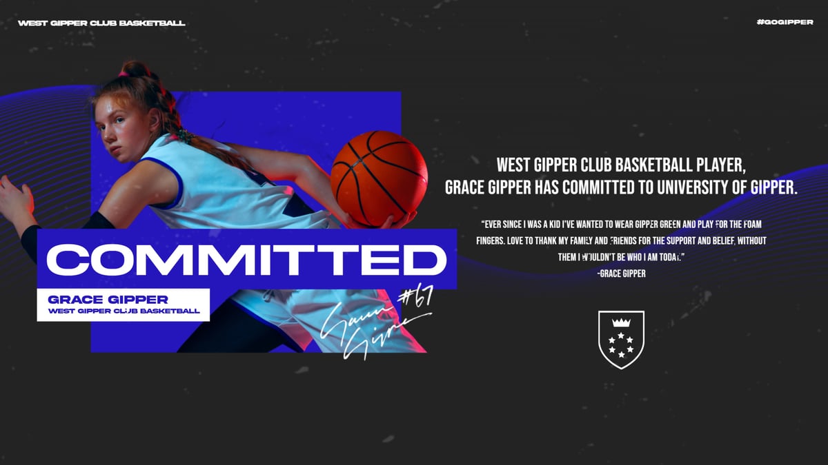 blue basketball commitment graphic showing a basketball player in action, with graphic content communicating where they are committing to
