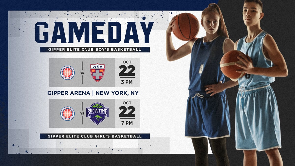 black & blue basketball gameday graphic showing two basketball players posed, with graphic content communicating details of games