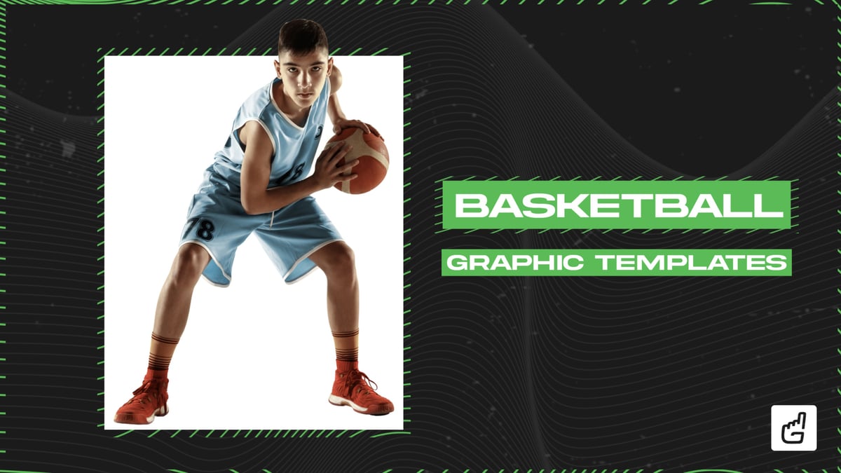 green and black basketball graphic template thumbnail with posed basketball player, directing users to basketball templates.