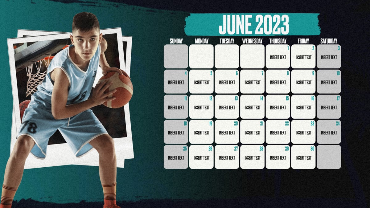 teal basketball schedule graphic showing a basketball player posed, with graphic content communicating dates of games