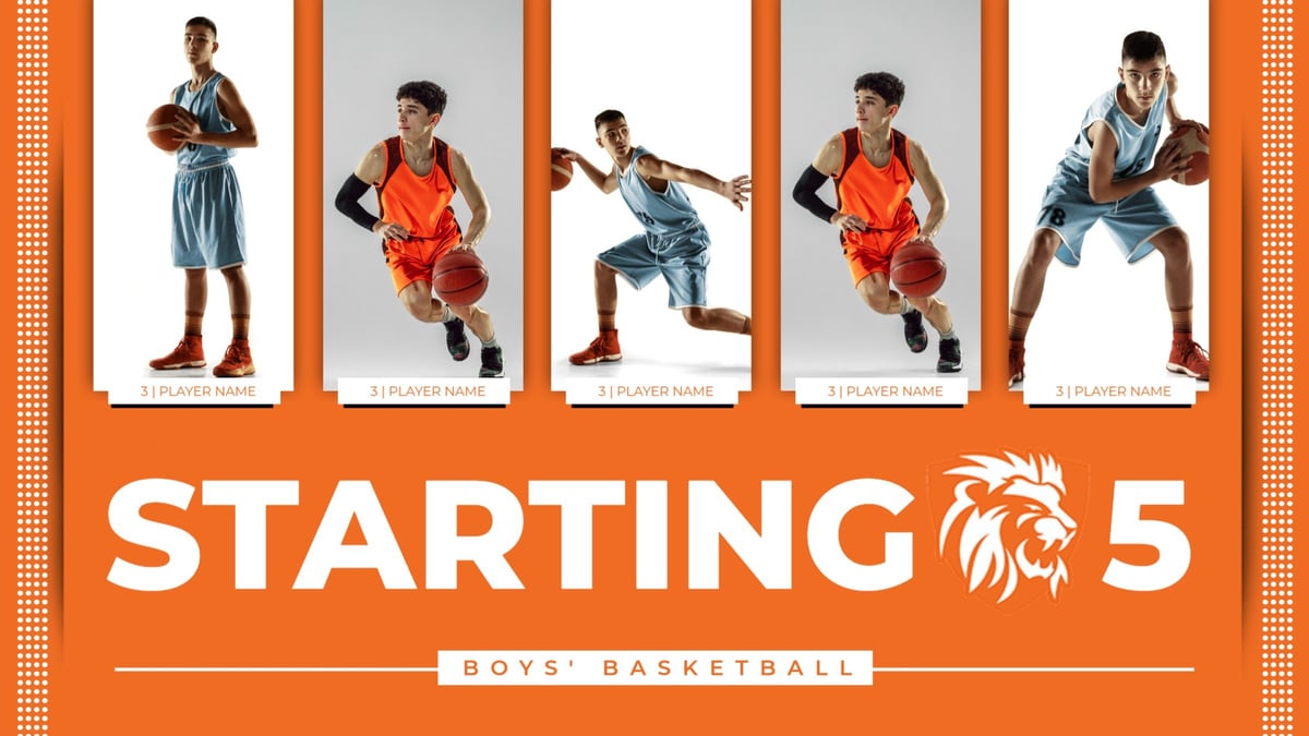 orange basketball starting lineup graphic showing 5 basketball players in action, with graphic content communicating who is playing