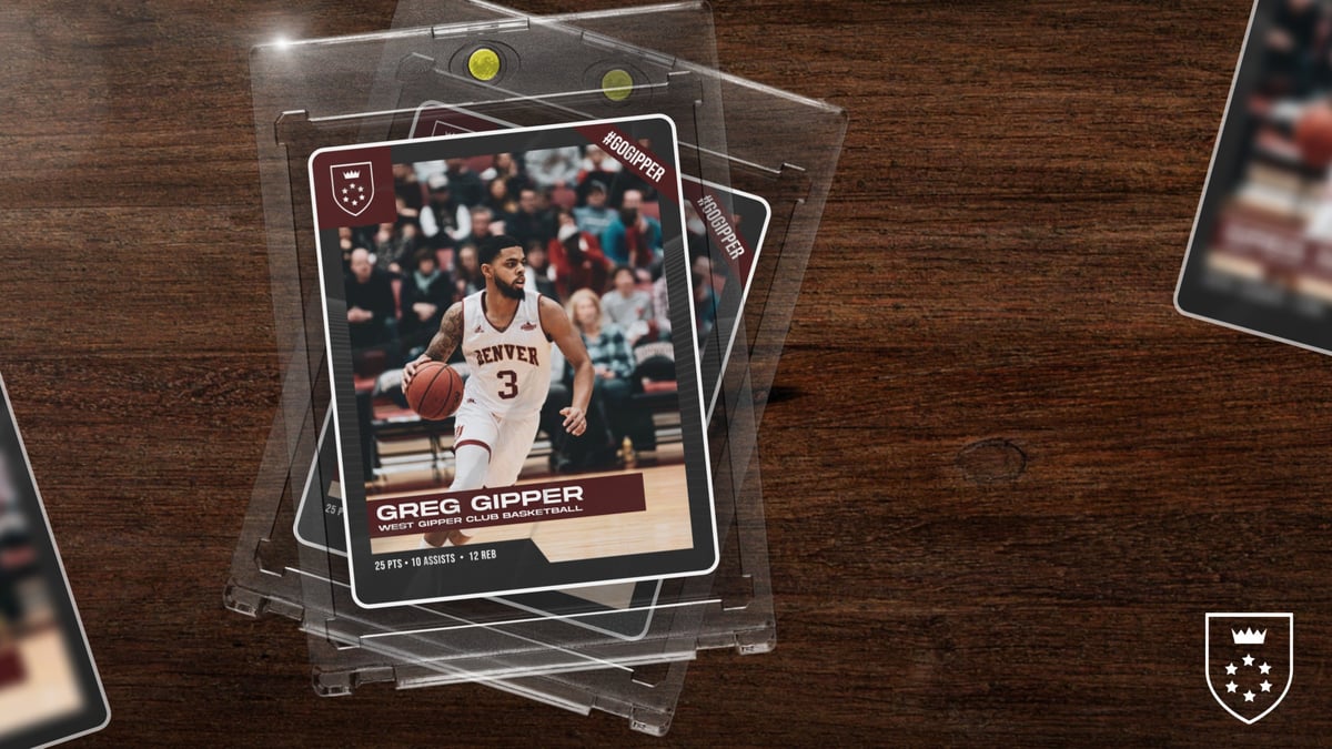 marron basketball card mockup showing a basketball player in action, with graphic content communicating stats