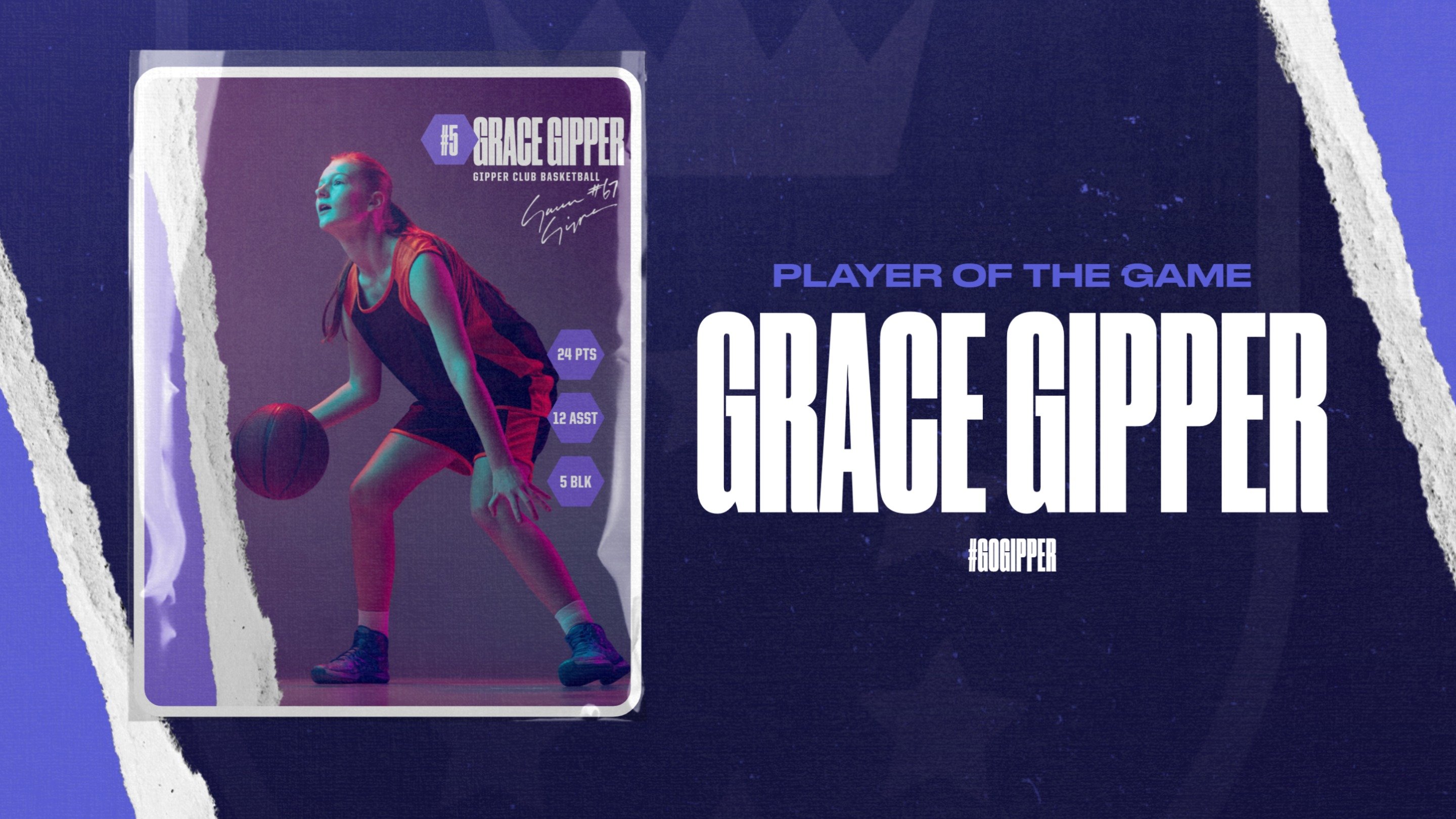 purple basketball player of the game graphic showing a basketball player in action, with graphic content communicating stats
